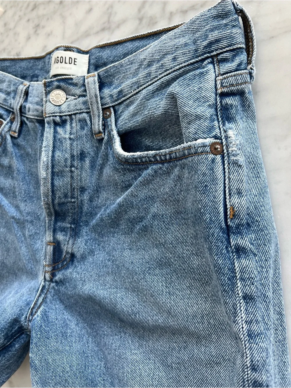 AGOLDE Parker Long High-Rise Cutoff Shorts Skywave Blue Wash Size 26